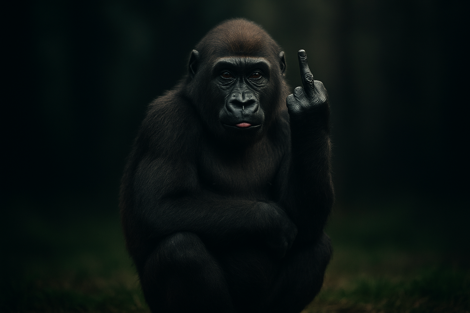 Gorilla sitting, raising a hand with a cheeky gesture
